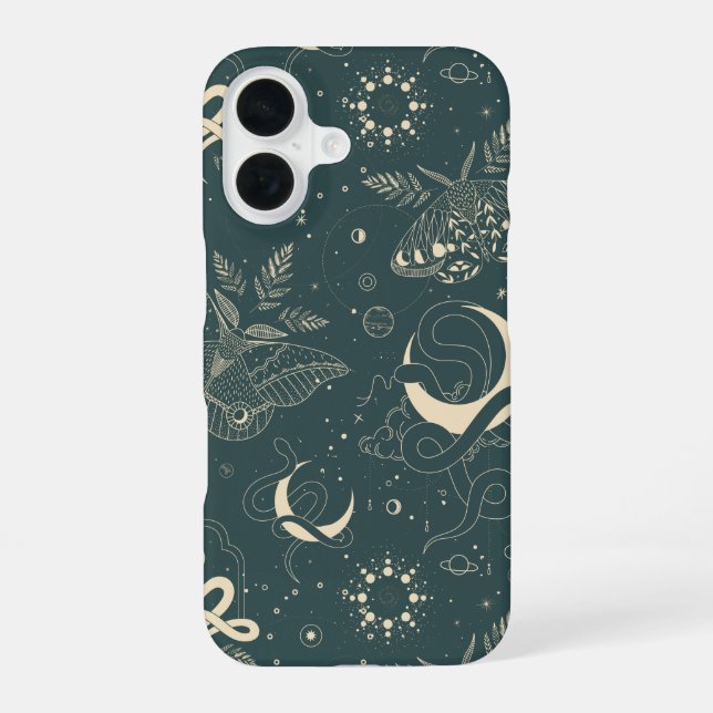 Mystical Celestial Night Moth & Serpent Pattern iPhone 16 Case (Back)