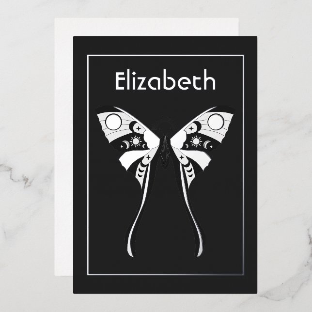 Mystical Celestial Silver Moth Foil Invitation (Front/Back)