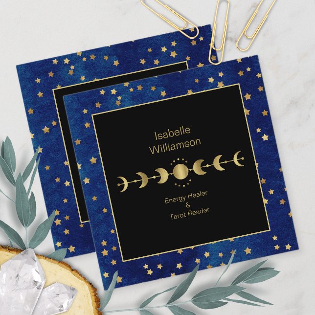 Mystical Celestial Stars Moon Phase Navy Blue Gold Square Business Card (Creator Uploaded)