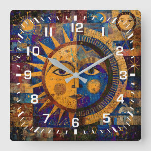 Mystical Celestial Sun Moon Alchemy Square Wall Clock