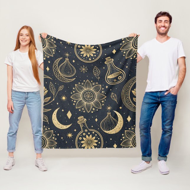 Mystical Celestial Witchcraft - Gold Botanical Fleece Blanket (In Situ)