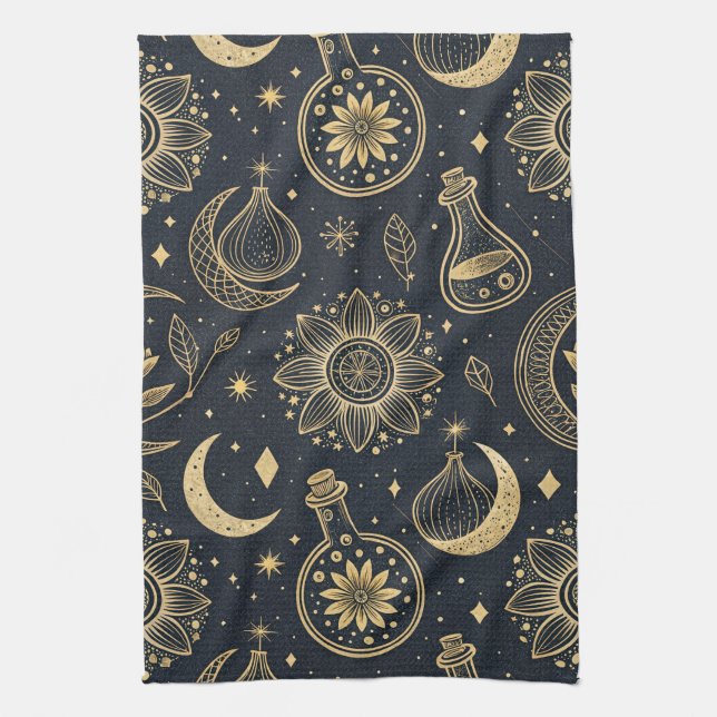 Mystical Celestial Witchcraft - Gold Botanical Kitchen Towel (Vertical)