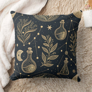 Mystical Celestial Witchcraft - Gold Botanical Throw Pillow
