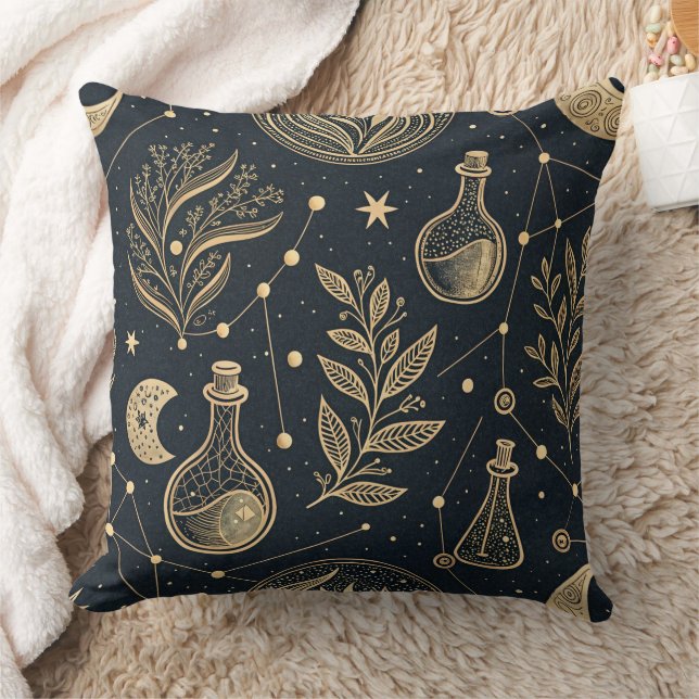 Mystical Celestial Witchcraft - Gold Botanical Throw Pillow (Blanket)