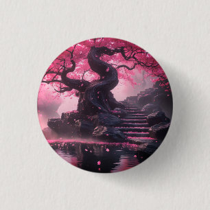 Mystical Cherry Blossom Path – Enchanted Stairway 1 Inch Round Button