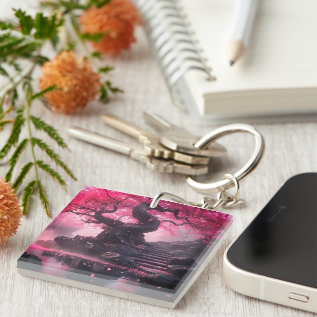 Mystical Cherry Blossom Path – Enchanted Stairway  Keychain (Front Right)