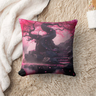 Mystical Cherry Blossom Path – Enchanted Stairway Throw Pillow