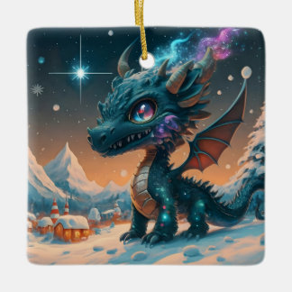 Mystical Chibi Dragon Winter Landscape  Ceramic Ornament