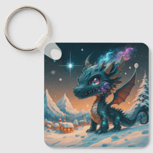Mystical Chibi Dragon Winter Landscape Keychain