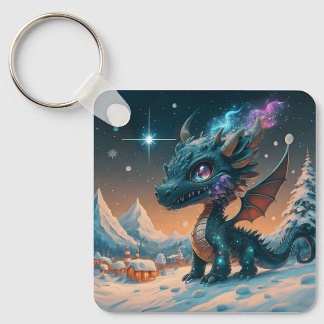 Mystical Chibi Dragon Winter Landscape  Keychain (Front)