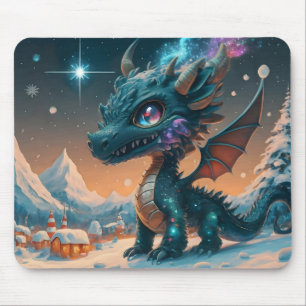 Mystical Chibi Dragon Winter Landscape Mouse Pad