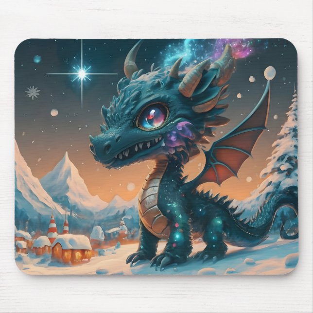 Mystical Chibi Dragon Winter Landscape  Mouse Pad (Front)