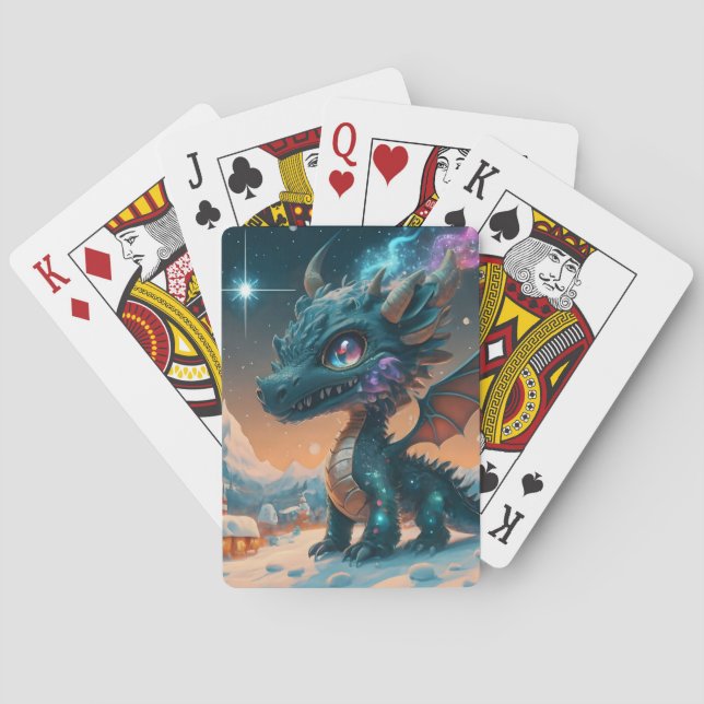 Mystical Chibi Dragon Winter Landscape  Playing Cards (Back)