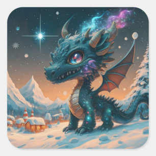 Mystical Chibi Dragon Winter Landscape Square Sticker