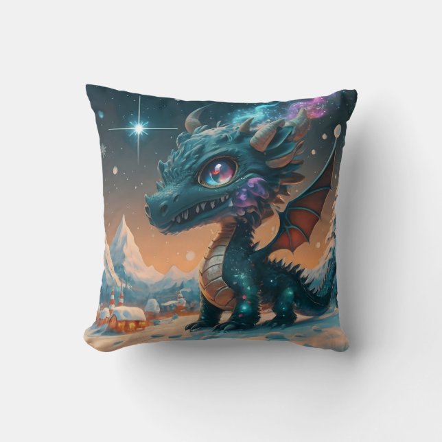 Mystical Chibi Dragon Winter Landscape  Throw Pillow (Front)