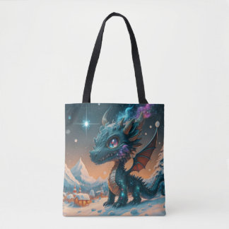 Mystical Chibi Dragon Winter Landscape  Tote Bag