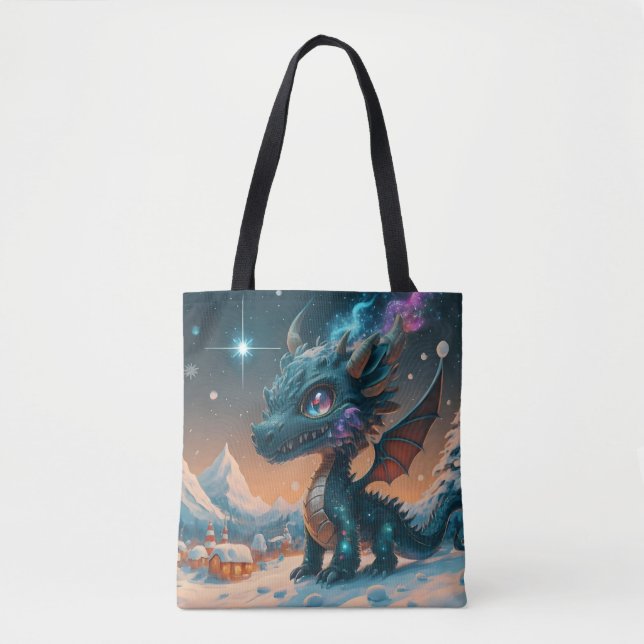 Mystical Chibi Dragon Winter Landscape  Tote Bag (Front)
