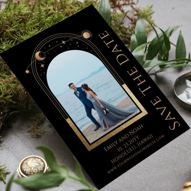 Mystical Chic Black Gold Sun Moon Star Space  Save The Date (Creator Uploaded)