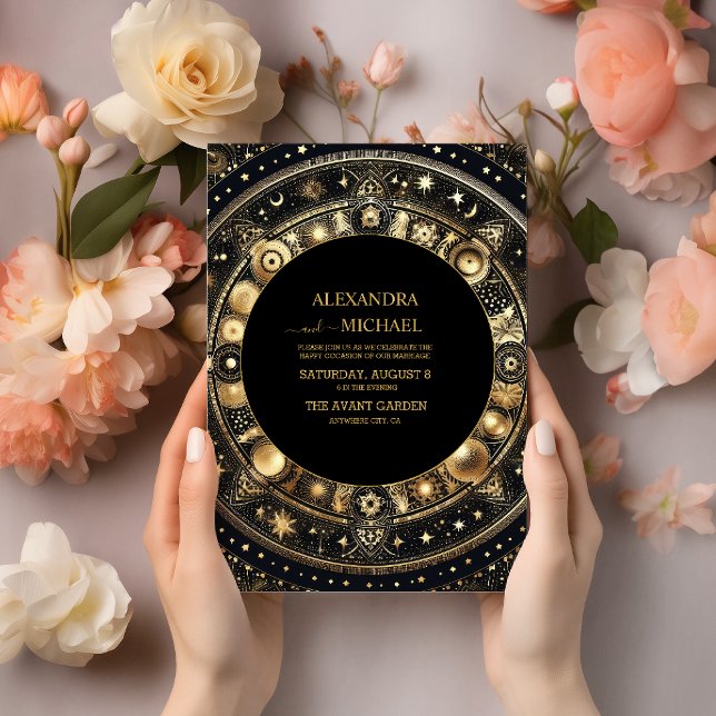 Mystical Chic Black Gold Sun Moon Wedding Invitation (Creator Uploaded)