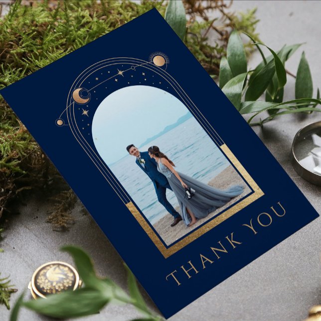 Mystical Chic Blue Gold Star Moon Photo Wedding Thank You Card (Creator Uploaded)