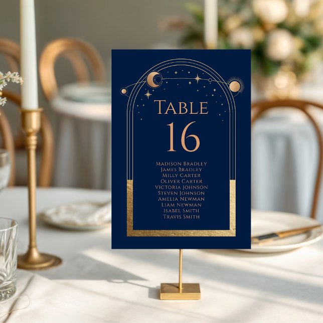 Mystical Chic Blue Gold Sun Moon Astronomy Wedding Table Number (Creator Uploaded)
