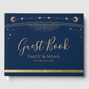 Mystical Chic Blue Gold Sun Moon Stars Wedding Guest Book