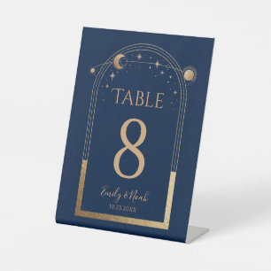Mystical Chic Blue Gold Sun Moon Stars Wedding Pedestal Sign