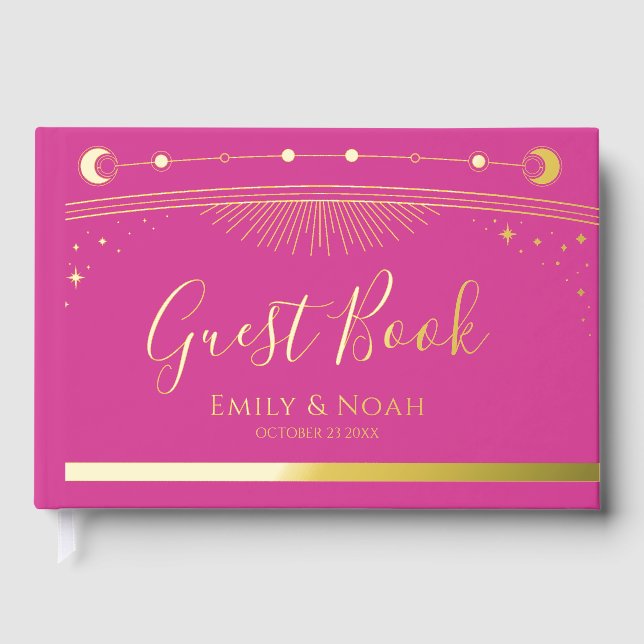Mystical Chic Pink Gold Sun Moon Stars Wedding Guest Book (Front)
