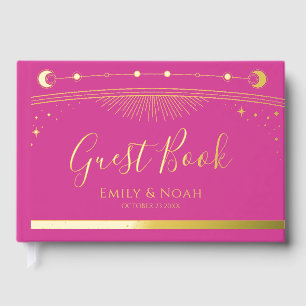 Mystical Chic Pink Gold Sun Moon Stars Wedding Guest Book