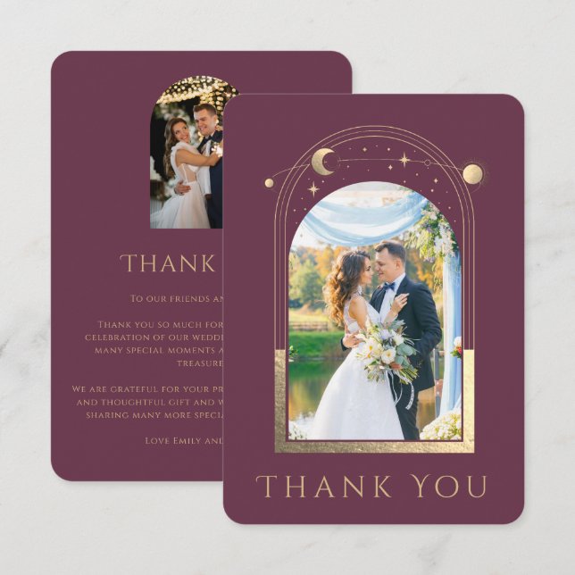 Mystical Chic Plum Gold Star Moon Photo Wedding Thank You Card (Front/Back)
