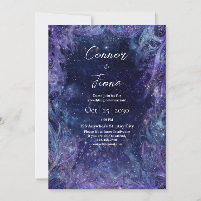 Mystical Cosmic Nebula Purple Starry Night Wedding Invitation (Front)