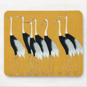 Mystical Cranes: Harmony in Gold Mouse Pad