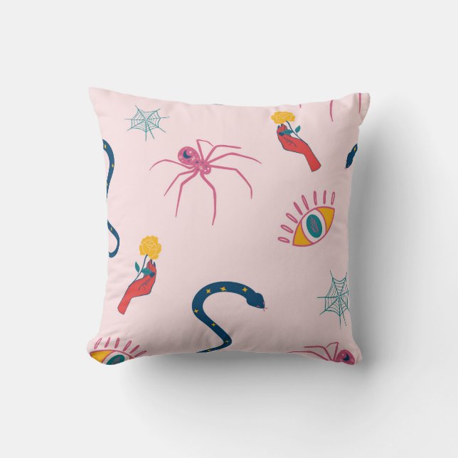 Mystical Creatures and Symbols Pattern Throw Pillow (Front)