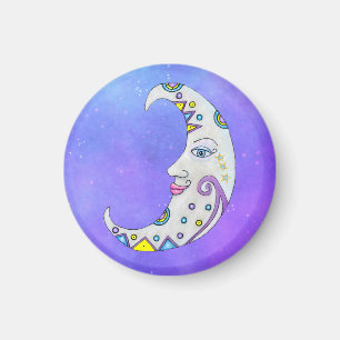 Mystical Crescent Decorated Moon Face Purple Sky  Magnet