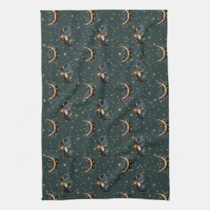 Mystical Crescent Moon Star Pattern Kitchen Towel