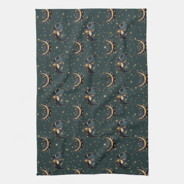 Mystical Crescent Moon Star Pattern Kitchen Towel (Vertical)