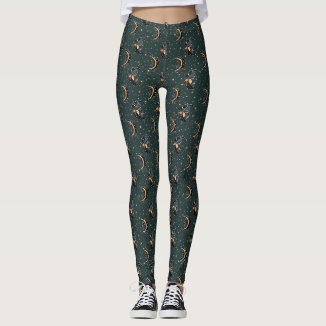 Mystical Crescent Moon Star Pattern Leggings (Front)