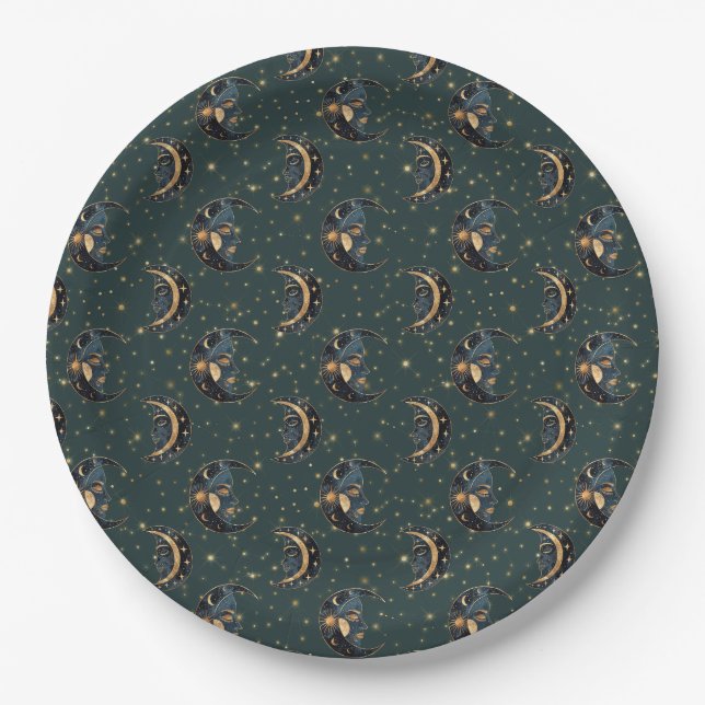 Mystical Crescent Moon Star Pattern Paper Plate (Front)