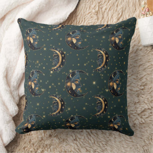 Mystical Crescent Moon Star Pattern Throw Pillow