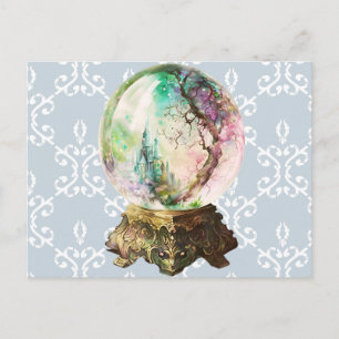 Mystical Crystal Ball Blue Damask Halloween Holiday Postcard