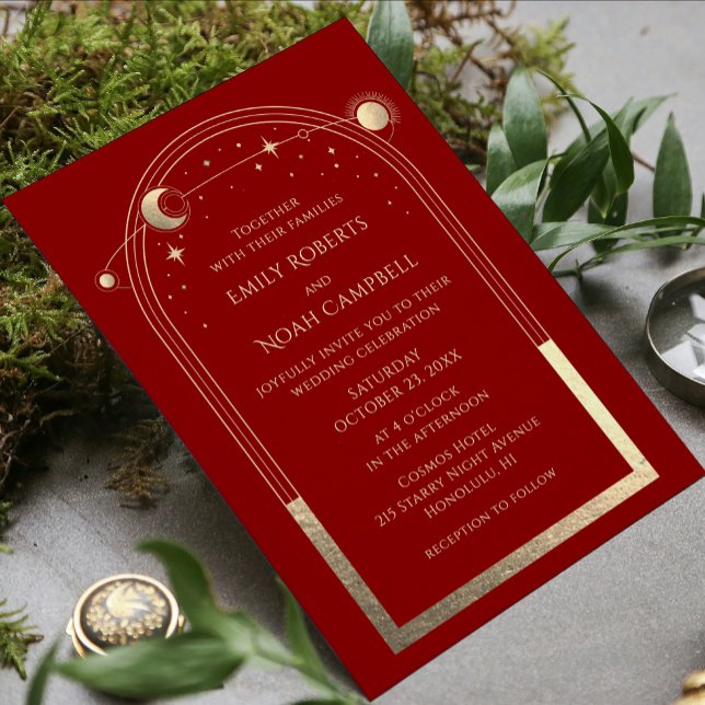 Mystical Dark Red Gold Celestial Wedding Invitation (Creator Uploaded)