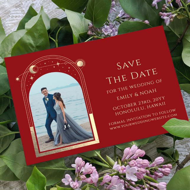 Mystical Dark Red Gold Celestial Wedding Photo Save The Date (Creator Uploaded)