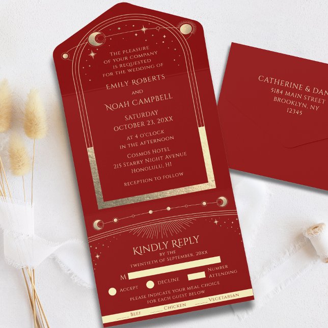 Mystical Dark Red Gold Sun Moon Stars All In One Invitation (Creator Uploaded)