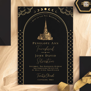 Mystical Deco Black Gold Vintage Church Wedding Invitation