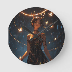 Mystical Deer Antler Girl Butterfly Halo Art Print Round Clock