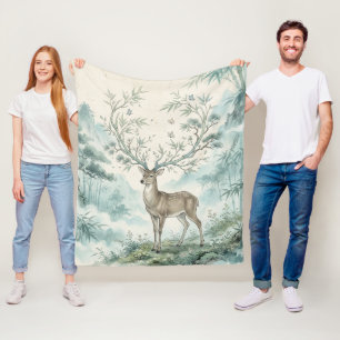 Mystical Deer Forest Watercolor Art Fleece Blanket