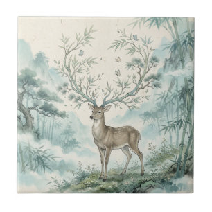 Mystical Deer Forest Watercolor Art Tile