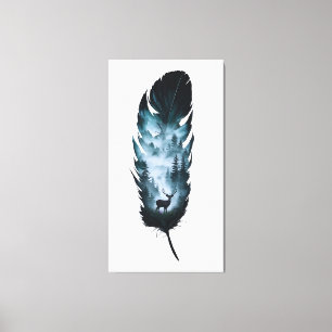 Mystical Deer in Forest Feather Large Canvas Print