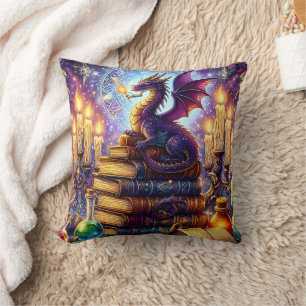 Mystical Dragon Wizard Books Throw Pillow