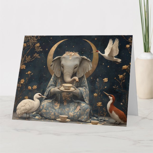 Mystical Elephant Tea Party Under Crescent Moon Card (Front)